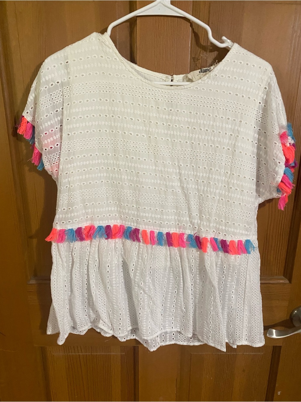 Savanna Jane White Eyelet Blouse with Pink & Blue Tassels